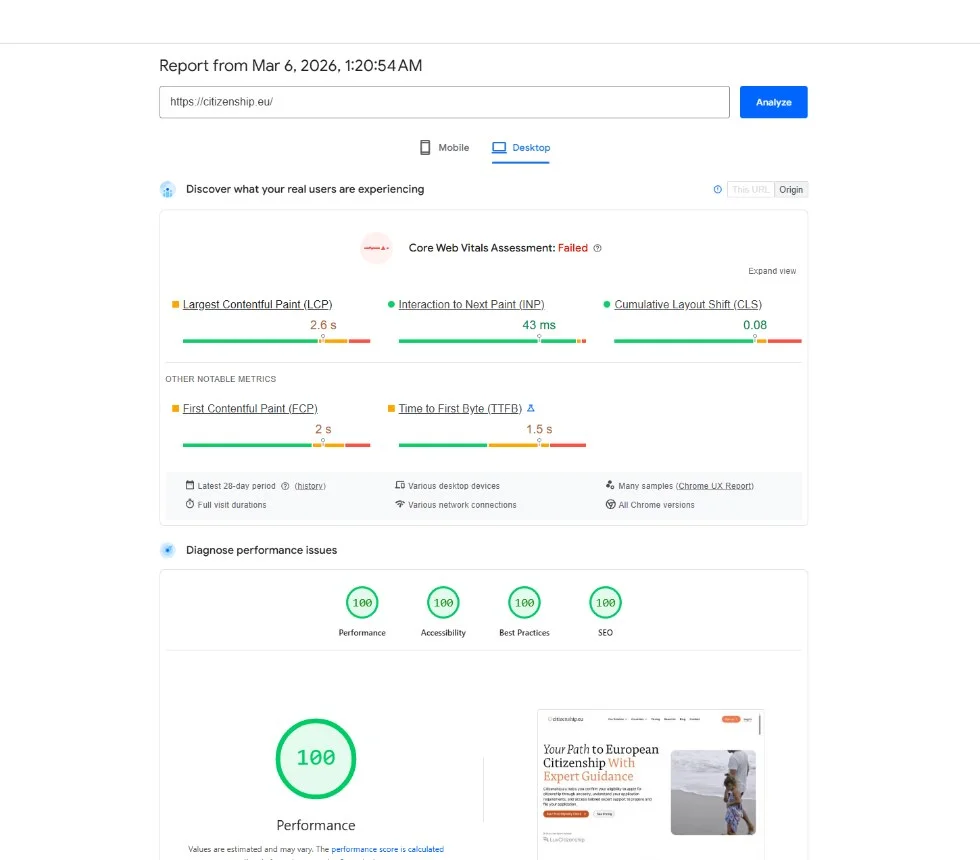Desktop PageSpeed Insights report after optimization