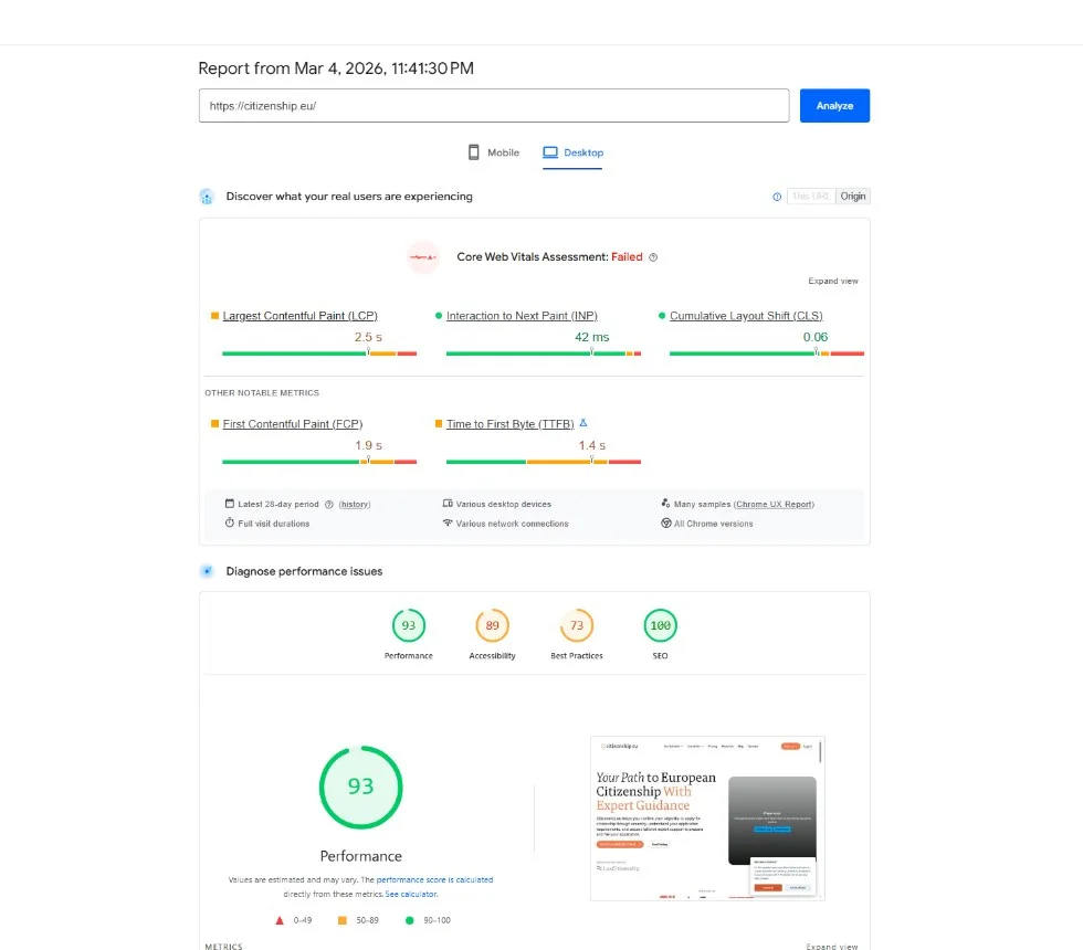 Desktop PageSpeed Insights report before optimization