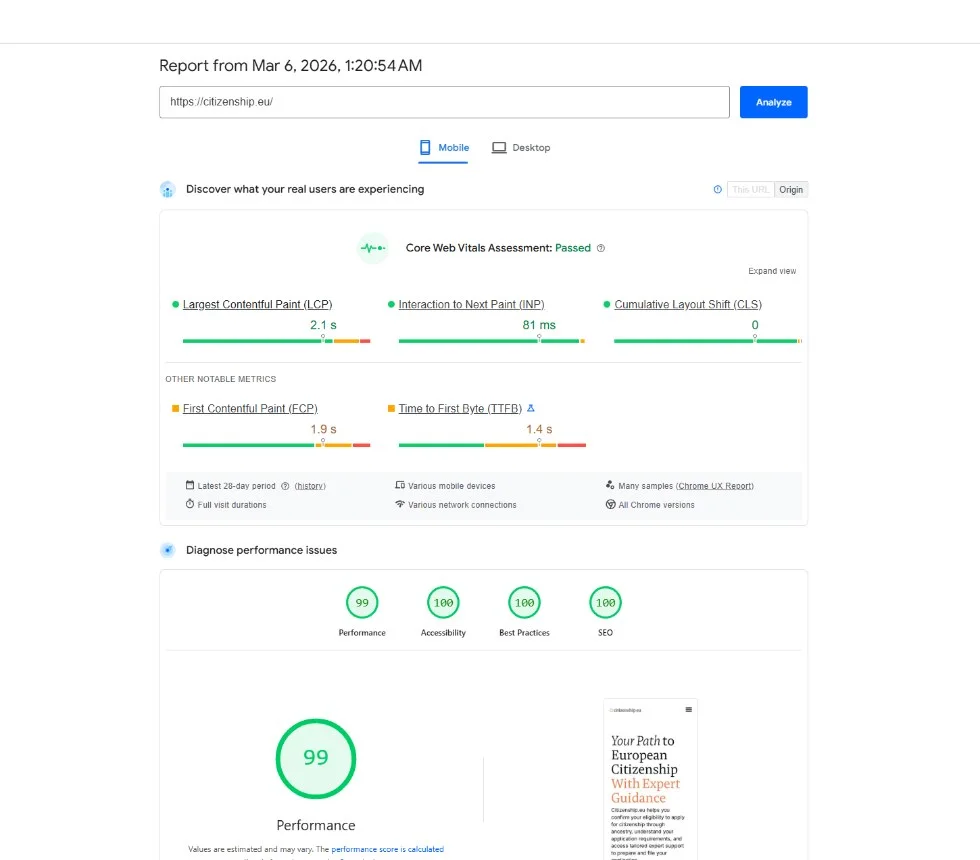 Mobile PageSpeed Insights report after optimization