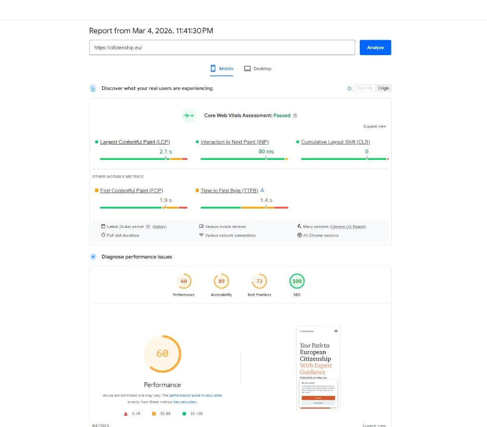 Mobile PageSpeed Insights report before optimization